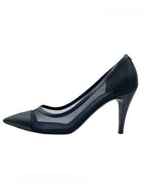 CHANEL Mesh Cap Toe Pumps 39.5 Navy CC Logo Heels Cruise 2014 Karl Lagerfeld